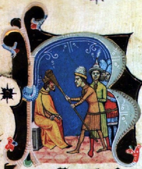 Selon une lgende magyare, Conrad Ier le Rouge est tu d'un coup de cor par le chef hongrois Lehel - qu'il avait fait prisonnier - Miniature de la Gesta Hungarorum - vers 1360